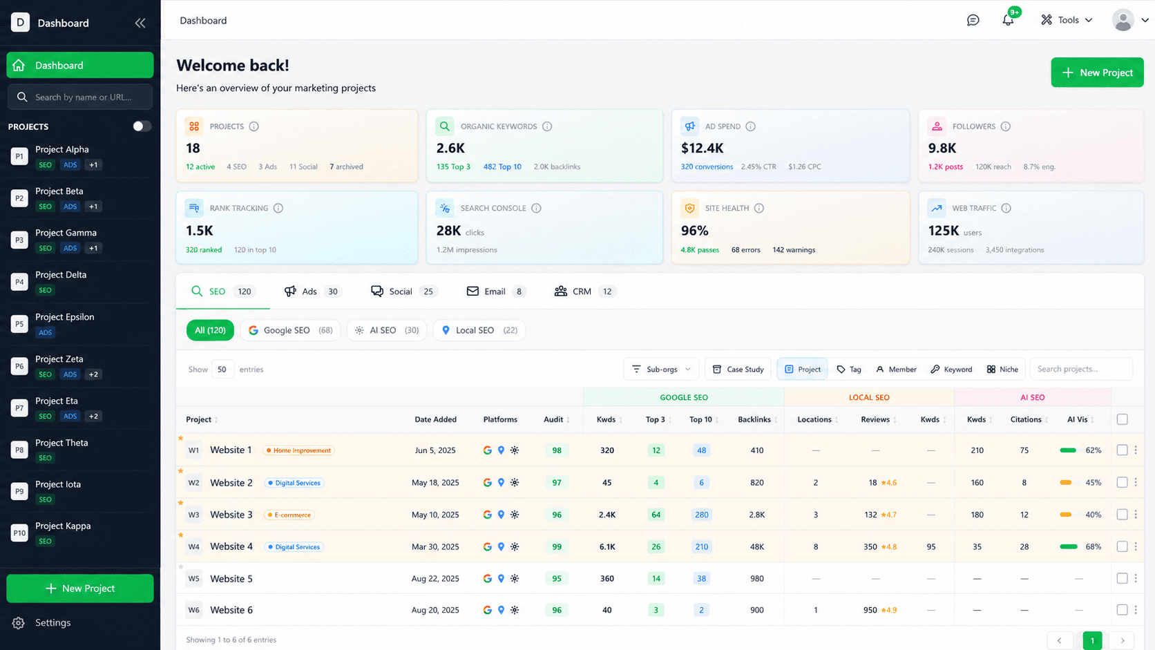 Agency Dashboard overview with every client project and its KPIs